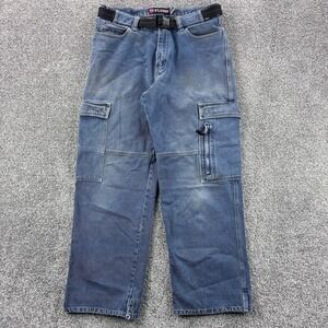 Vintage Y2K PLUGG Jeans Mens 33x30 Faded Denim Cargo Belted Wide Leg Rave Pocket